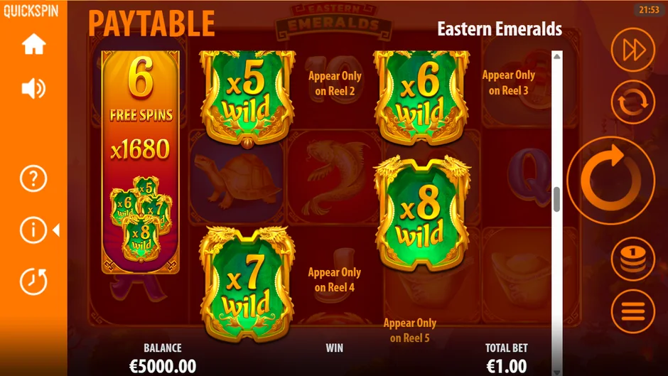 Eastern Emeralds 6 free spins wild reels