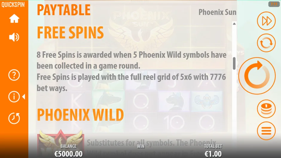 Phoenix Sun free spins rule screen