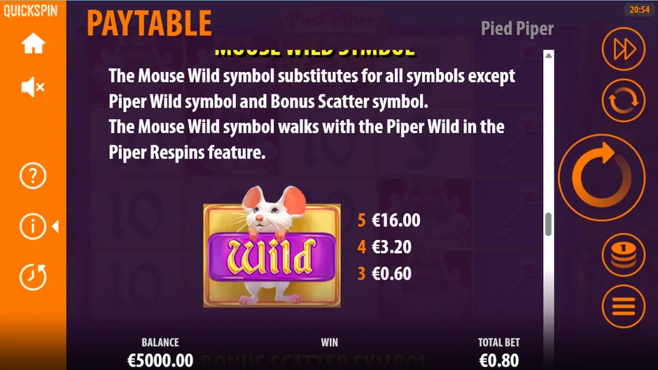 Pied Piper Mouse Wild paytable screen