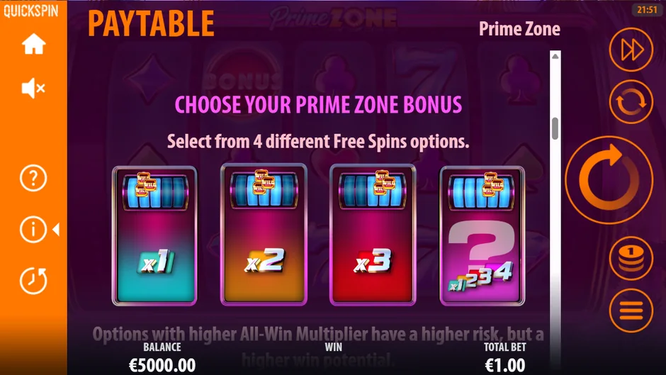 Prime Zone free spins picker options