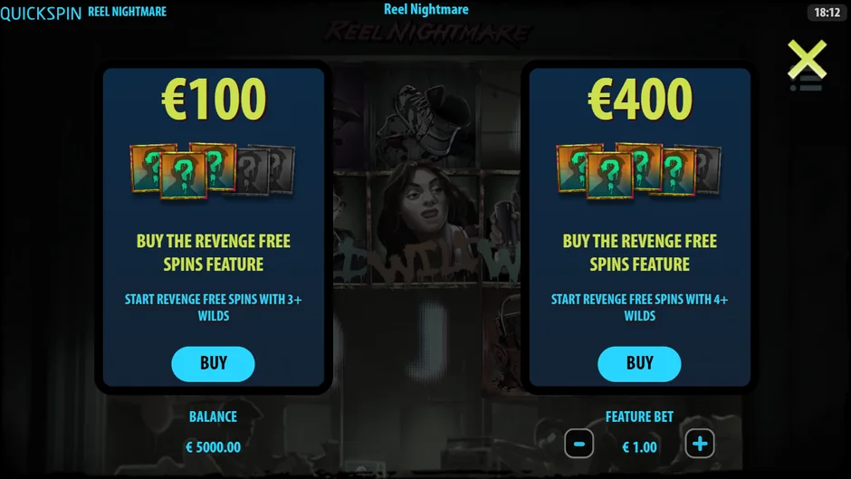 Reel Nightmare bonus buy menu cards
