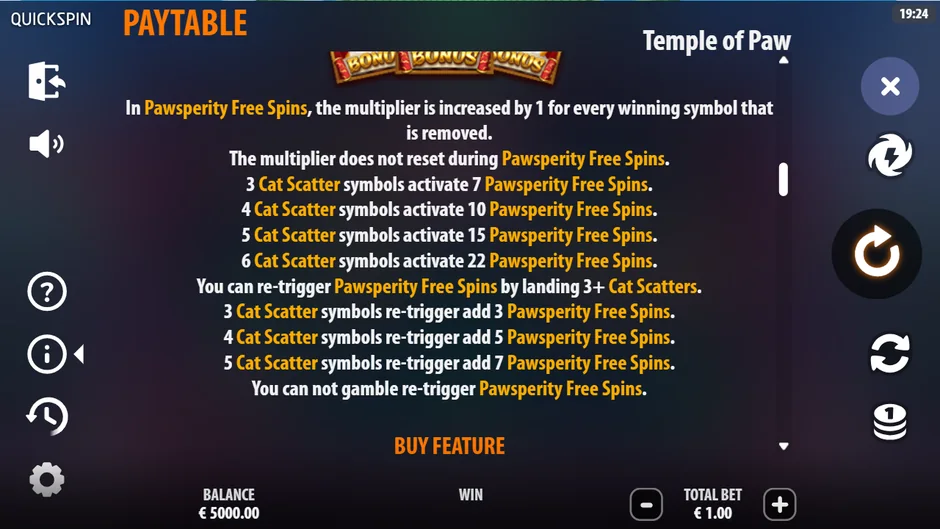 Temple of Paw free spins multiplier rules
