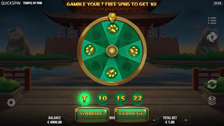 Temple of Paw gamble wheel seven spins