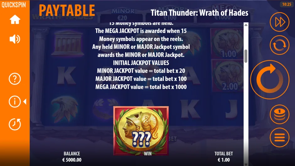 Titan Thunder Wrath of Hades jackpot values